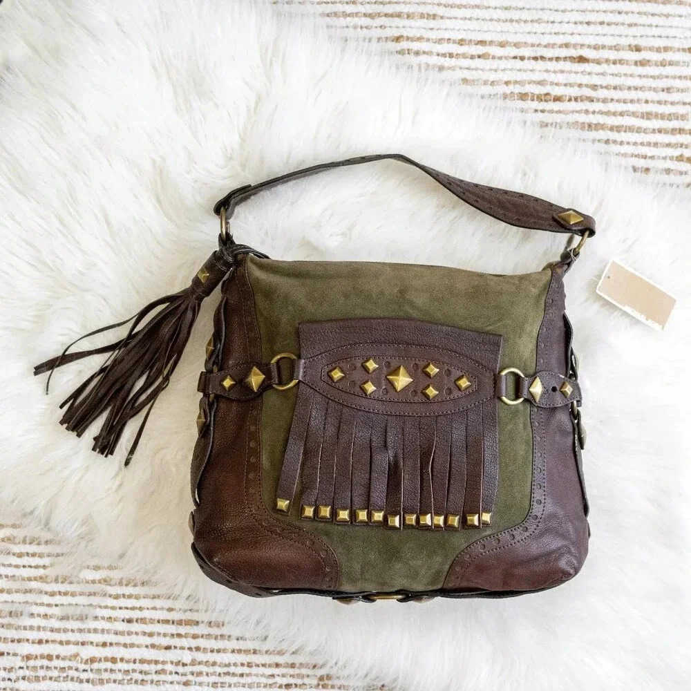NWT! MICHAEL KORS COLLEGIATE STUDDED BROWN LEATHER OLIVE GREEN SUEDE BAG - Picture 1 of 15